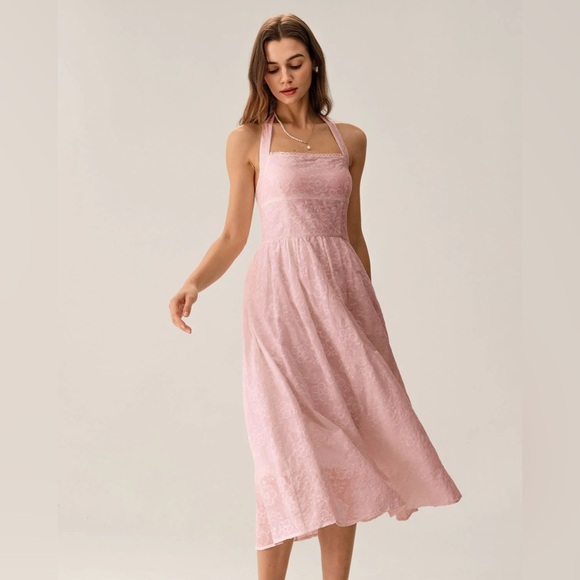 RIHOAS Dresses & Skirts - Rihoas Pink Embroidery Halter Midi Dress